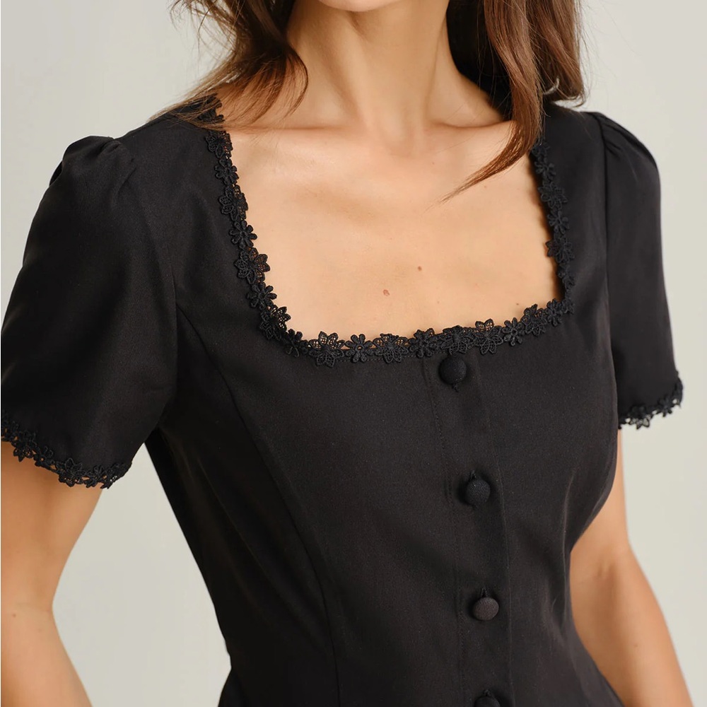 Black Square Neck Button Mini Dress - Picture 3 of 6